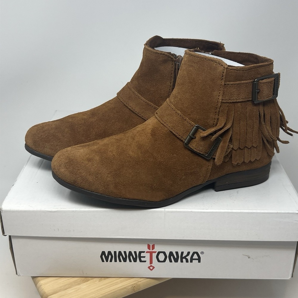 Minnetonka Ankle Boot Womens 6 Rancho 582‎ Fringe Brown Suede Leather Zip